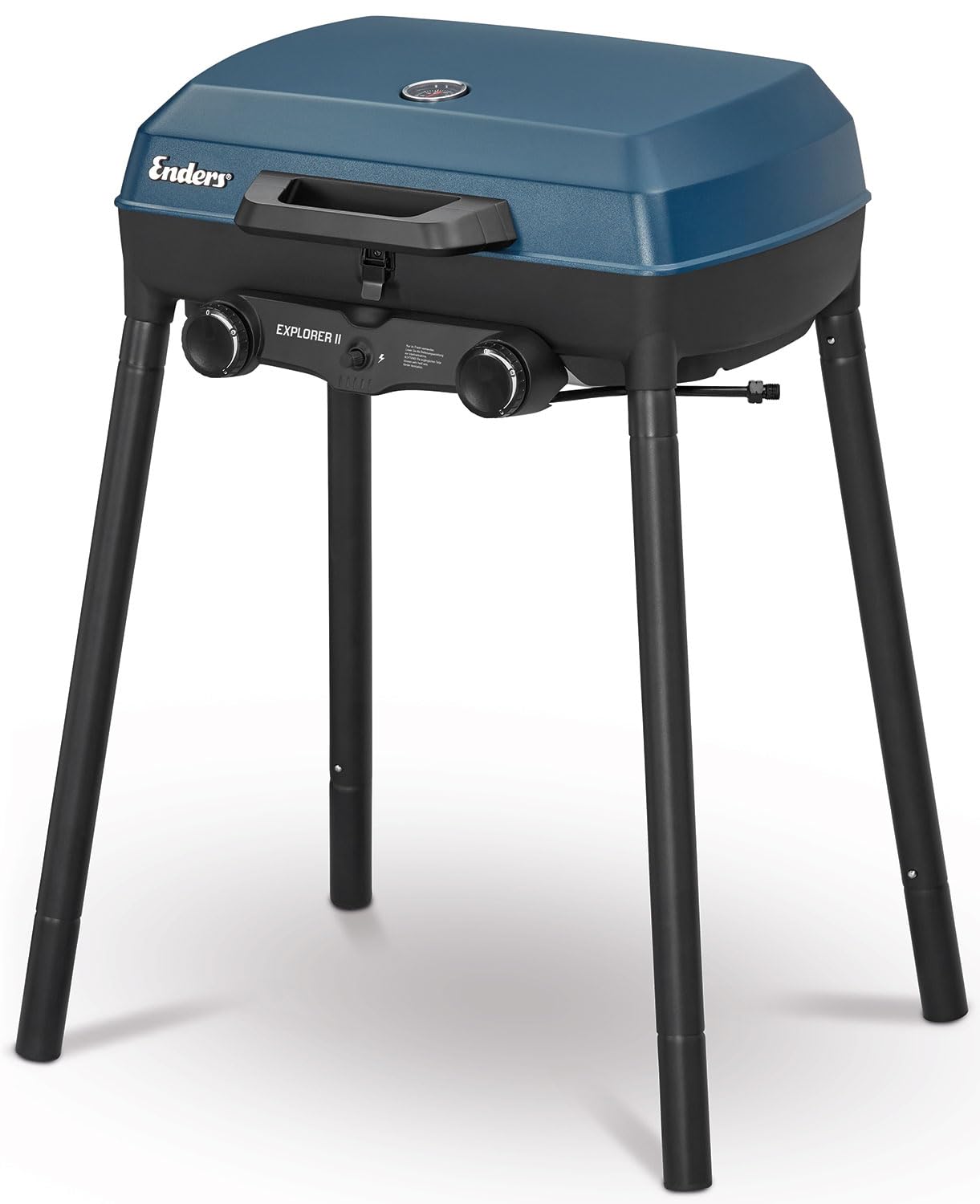 Enders Camping Gasgrill Explorer II, Grill-Thermometer, Grillen-, Kochen-, Backen Funktion, 2 Brenner Edelstahl, kleiner Balkon-Picknick-Grill, Aluguss-Grillwanne #2104, Blau 2