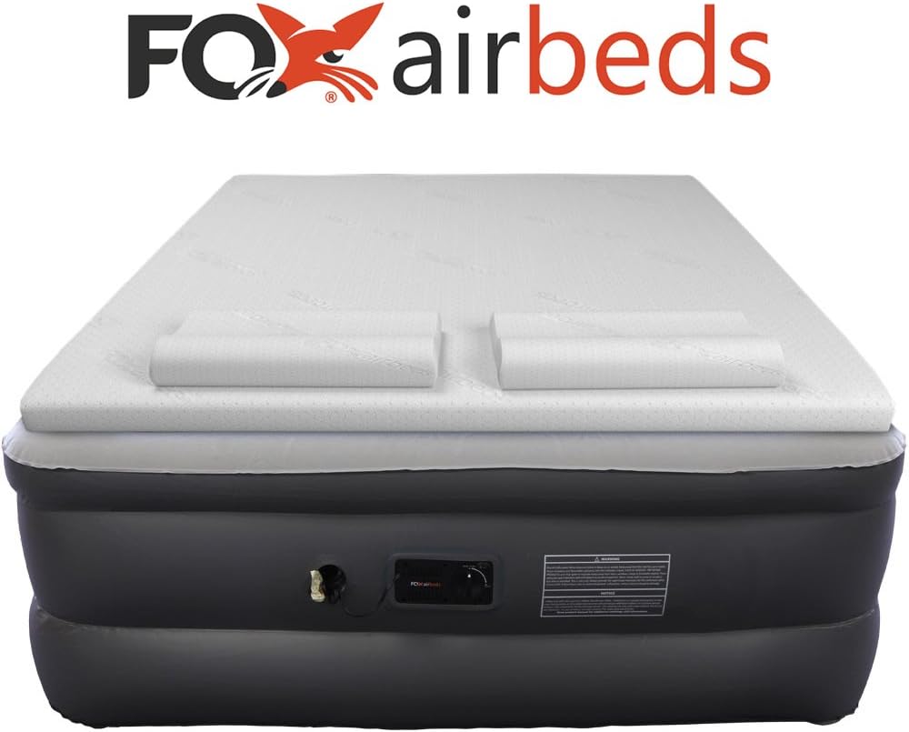 Fox Air Beds Plush High Rise Inflatable Air Mattress with Premium Gel Memory Foam Mattress Topper and Form Pillows (Queen)