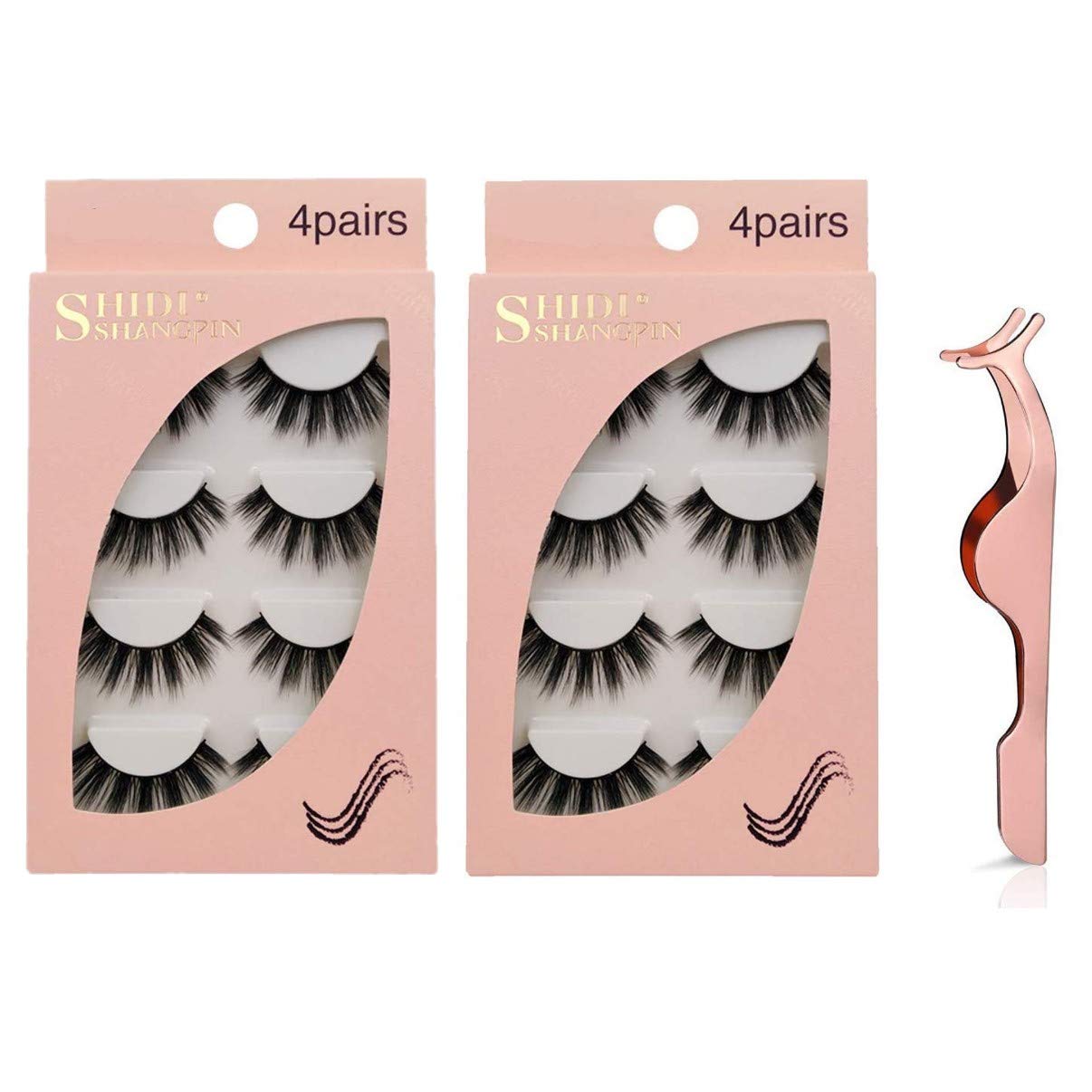 JZK 8 pairs 1.3cm long thick fluffy 3D false eyelashes set, reusable natural look fake mink eye lashes with eyelash applicator tweezers, G107