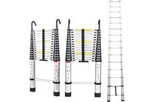 DICN Telescoping Extension Ladder 14.5FT Aluminum Folding Ladder Loft Attic Ladder with 2 Detachable Hooks Non-slip Securing Strap Easy to Store Multi Purpose for Outdoor Indoor Use EN131 Safe Standard