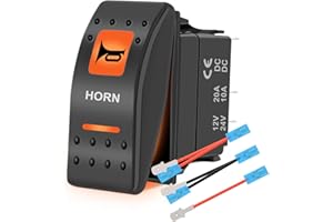 HOKAAER Momentary Horn Rocker Switch Waterproof 12V/20A 24V/10A 5Pin SPST Mom (ON)-Off Horn Switch Orange Backlit, with Jumper Wires Set for Car Truck Marine Boat RV SUV ATV UTV