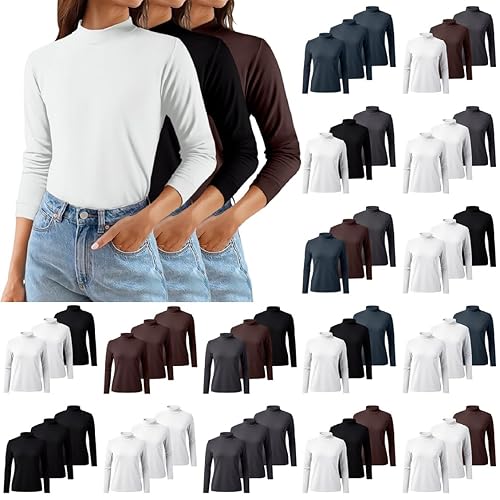 peiaclkde Thermal Tops Womens 3 Pack Long Sleeve Tops Turtleneck Jumpers For Women Soft Base Layers Skims Top Plain Jumpers Lightweight Thermal Underwear Shirt Slim Fit Basic Top For All Seasons