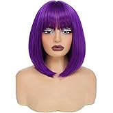 Sarensall Bob Purple Wig for Women Short Straight Dark Purple Wigs with Bangs Natural Fashion Synthetic Wig for Party Daily Cosplay Colorful Costume Wig Use 12 Inch