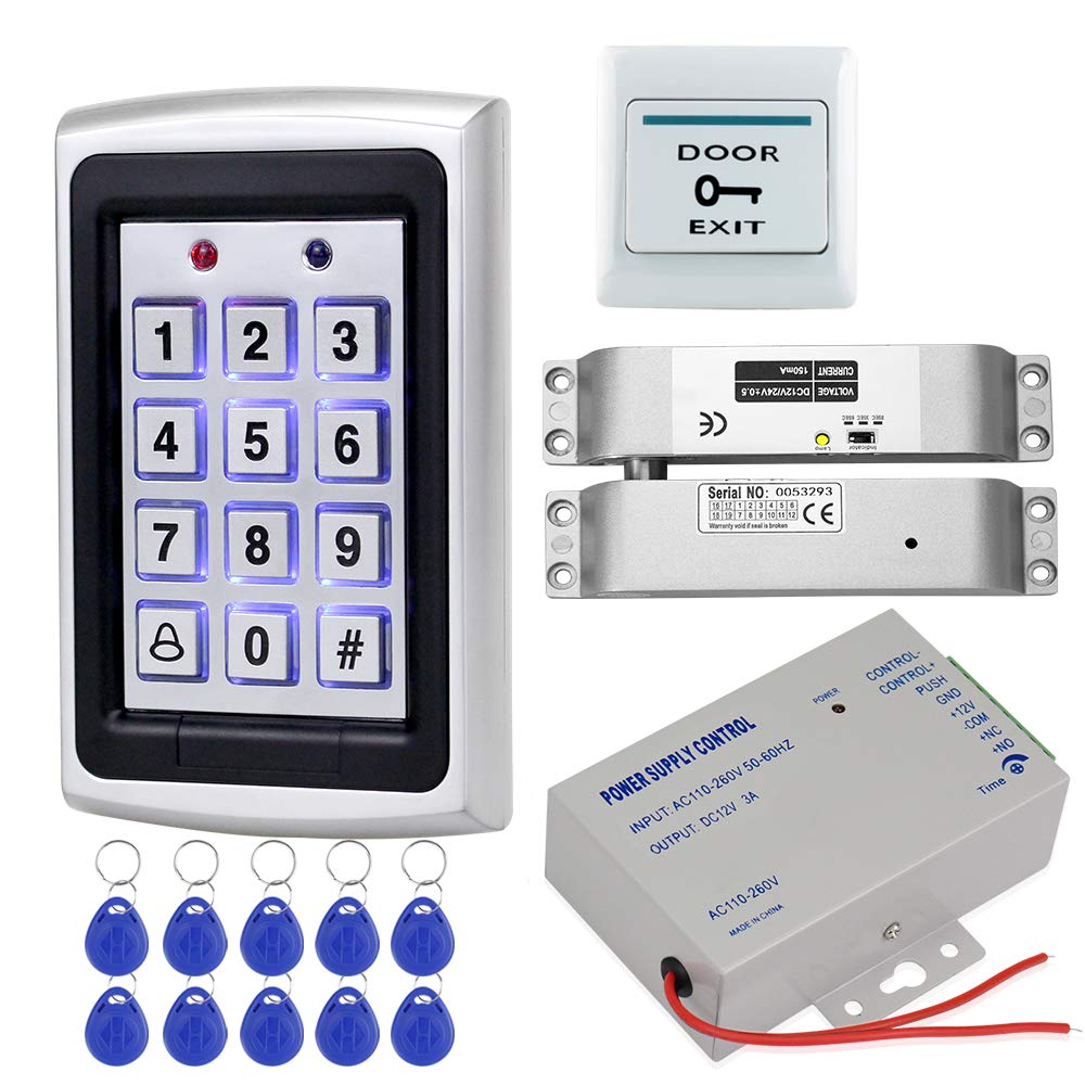 HFeng Door Access Control System Kit Metal 125KHz RFID Access Control Keypad EM Reader + Electric Bolt Lock + DC12V/ 3A Power Supply + Door Release Button + 10pcs Keyfobs