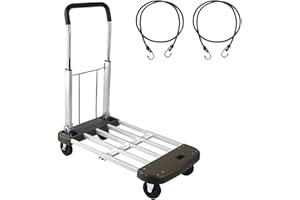 LEADALLWAY Platform Cart Foldable Push Cart Aluminum Adjustable Length Flatbed Cart with Polyurethane Mute Wheel,330-LB Capacity(with 2 Ropes)