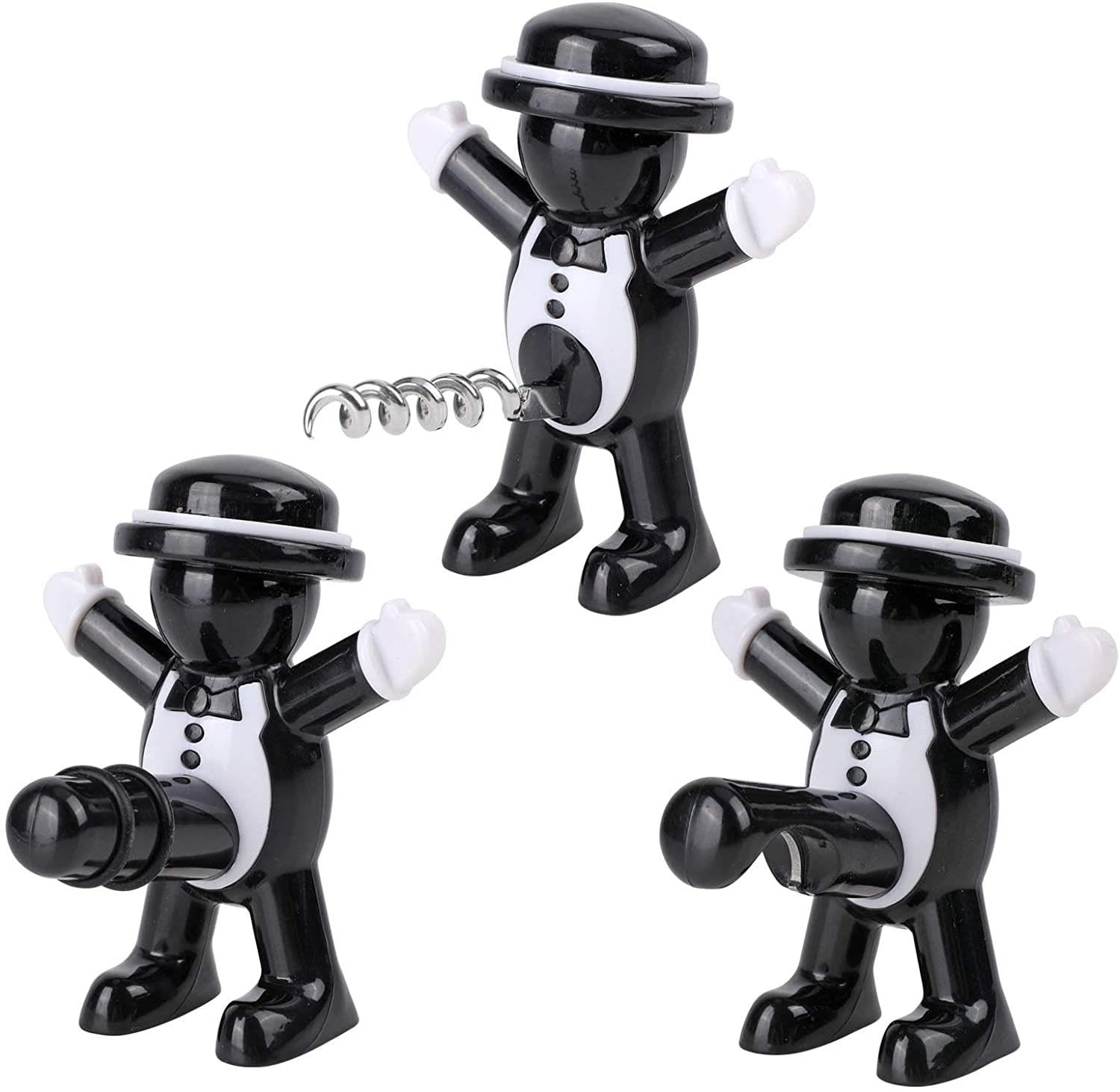 Selecto Bake 3 in 1 Black Men Beverage Bottle Stopper Wine Bottle Opener Beer Corkscrew Novelty Set - 3 Pack