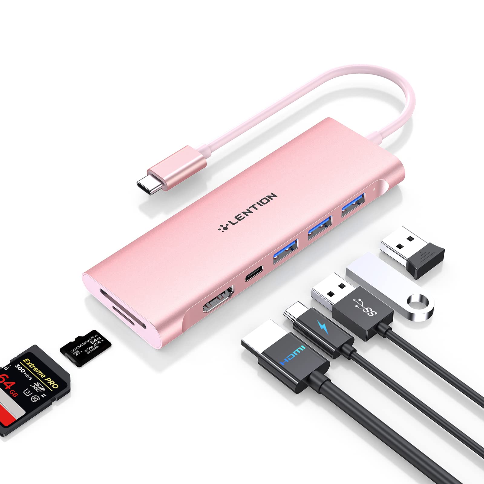LENTION USB C Multi-Port Hub with 4K HDMI, 3 USB 3.0, SD/Micro SD Reader, Type C Charging Adapter for 2025-2016 MacBook Pro/Air (Thunderbolt 3), New Mac Air/Surface, Chromebook, More (C36b, Rose Gold)