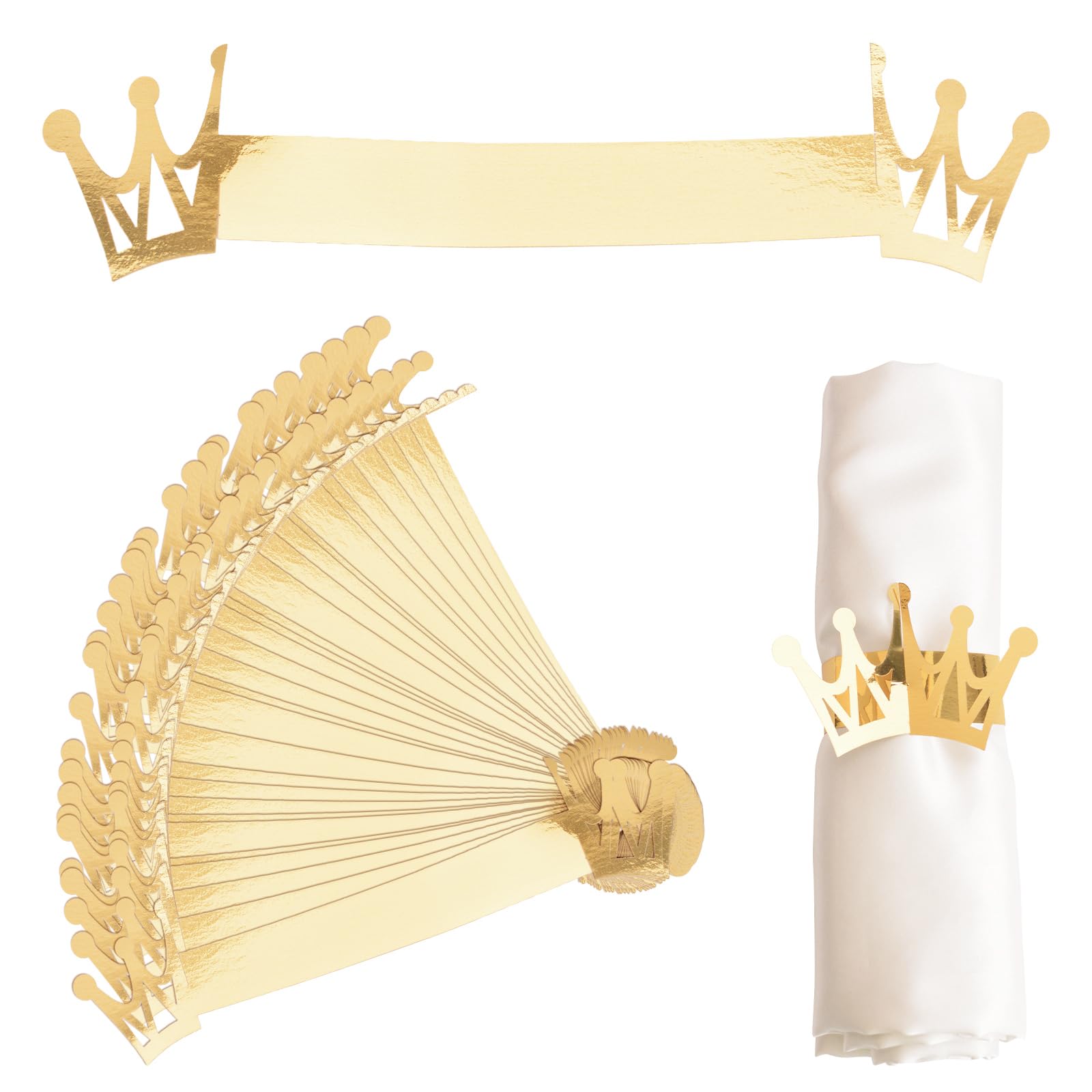 URROMA Gold Reflective Napkin Holder Rings, 50 Pcs Crown Paper Napkin Rings Buckles Holder for Wedding Dinner Party Celebration Table Centerpieces Decor