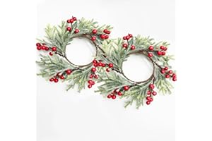 FBIRDY 2pcs Small Christmas Wreath Candle Rings Artificial Cedar Cypress Wreaths with Red Berries, Candle Holders for Holiday Table Centerpiece Decor (Candle Rings 03)