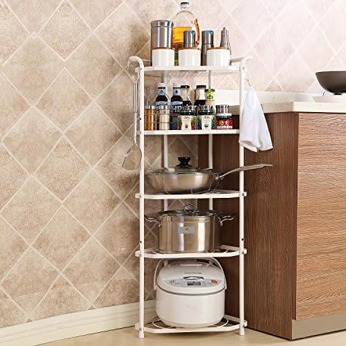 CreaTwo Corner Shelf, 5 Tiers Height Adjustable Storage Shelves Carbon Steel Pot Shelf Unit for Kitchen Bathroom Laundry Organization, White