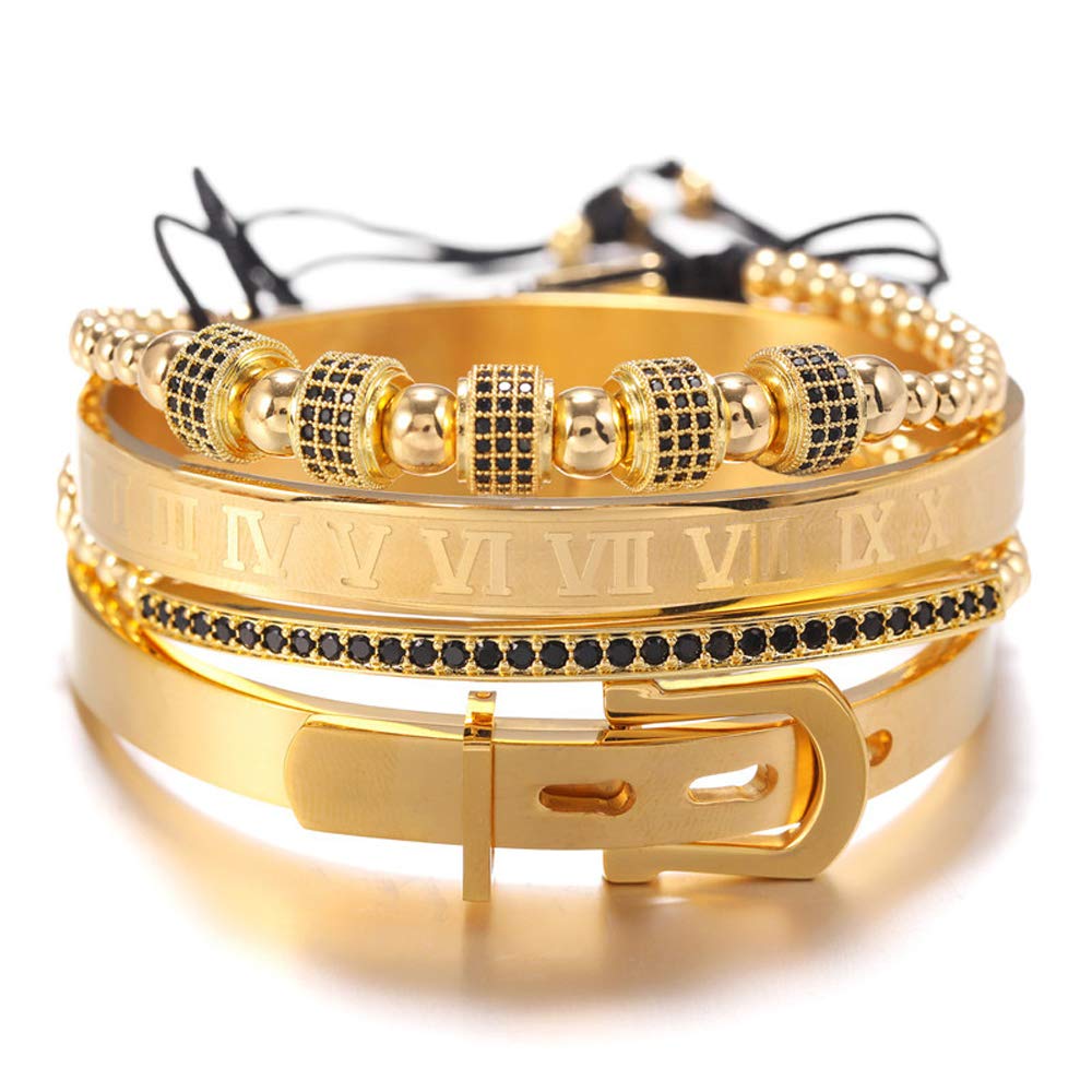 Cutenation Imperial Crown King 18K Gold CZ Beads Bracelet Luxury Charm Fashion Bangle for Men Women (C Gold)