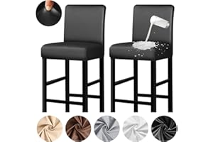Lebaley 2 Pack Bar Stool Covers with Backs Waterproof Stretch PU Leather Bar Stool Seat Covers Slipcovers for Counter Height Chairs 14"-17" Wide, Removable & Washable for Kitchen Pub Cafe, Black