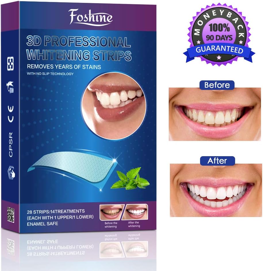 Teeth Whitening Strips, Foshine Professional Whitestrips Zero Peroxide Fluoride-Free Enamel Safe Teeth Whitening Kit No Sensitivity & Fast Results Mint Flavor (14 Upper + 14 Lower)