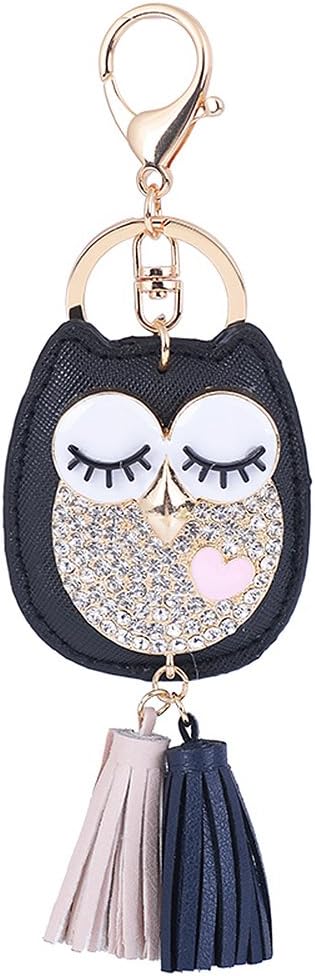 Cute Owl Tassel Keychain Car Keyring Holder Purse Bag Phone Pendant (Black)