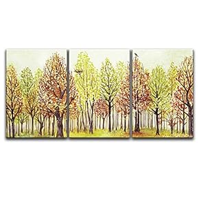 3 Panel Watercolor Style Colorful Trees a Bird...