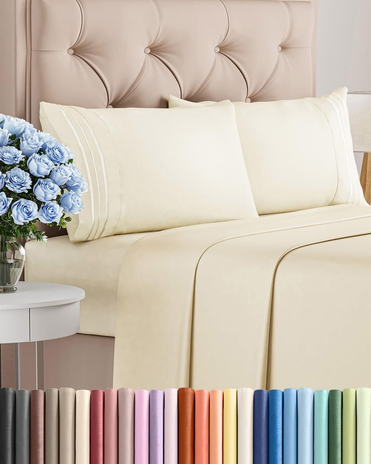 Photo 1 of King Size 4 Piece Sheet Set - Comfy Breathable & Cooling Sheets - Hotel Luxury Bed Sheets for Women, Men, Kids & Teens - Deep Pockets, Easy-Fit, Wrinkle Free Sheets - Off White Oeko-Tex Bed Sheet Set