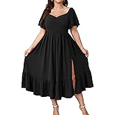 SCOMCHIC Womens Plus Size Wedding Guest Cocktail Dresses Sweetheart Neckline Short Sleeve Smocked Ruffle Slit Maxi Dress
