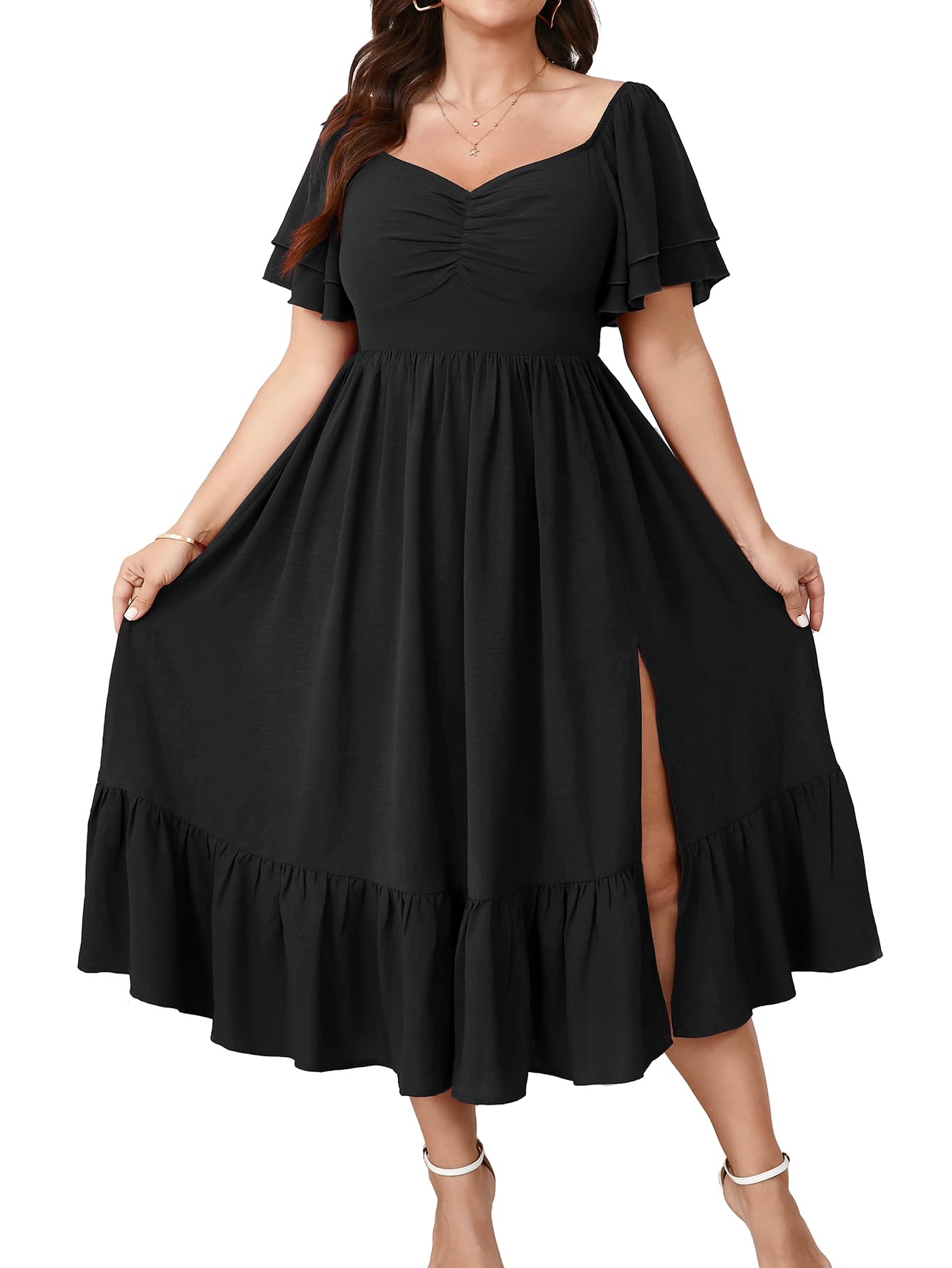 Photo 1 of SCOMCHIC Womens Plus Size Wedding Guest Cocktail Dresses Sweetheart Neckline Short Sleeve Smocked Ruffle Slit Maxi Dress Black 3XL