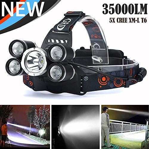 Headlight, DBHAWK LED Torchs Light 35000 LM 100,000 Hours 5X XM-L T6 LED Rechargeable Headlamp Adjustable Base Waterproof Headlight Travel Head Torch for Outdoor