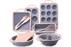 COOKSTYLE 10 in 1 Nonstick Silicone Bakeware Sets, Baking Pans Set, Baking Pan, Bundt Cake Pan, Bread Loaf Pan with Steel ring, Muffin Cups with Silicone Spatulas Pastry Brush Oven Mitts Whisk (Pink)