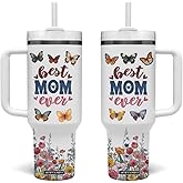 Floral Mom Tumbler With Handle Best Mom Ever Butterflies Mama Flower Garden Vacuum Insulated Travel Coffee Mug Cup Tumbler, Mothers Day Gifts From Daughter Son Kid, Gift for Mom Women Wife