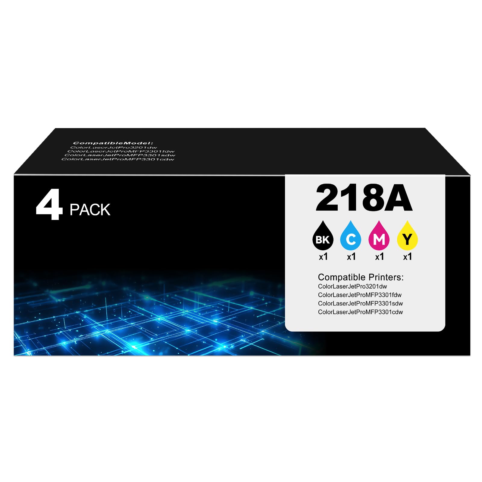 Photo 1 of 218A Toner Cartridges Replacement 3301sdw 3301fdw 3201dw Compatible for HP 218A 218X Toner (with Chip) W2180X W2180A Works for Pro 3201dw Pro MFP 3301fdw 3201dw 3301sdw Printer 4Pack(1BK+1C+1M+1Y)