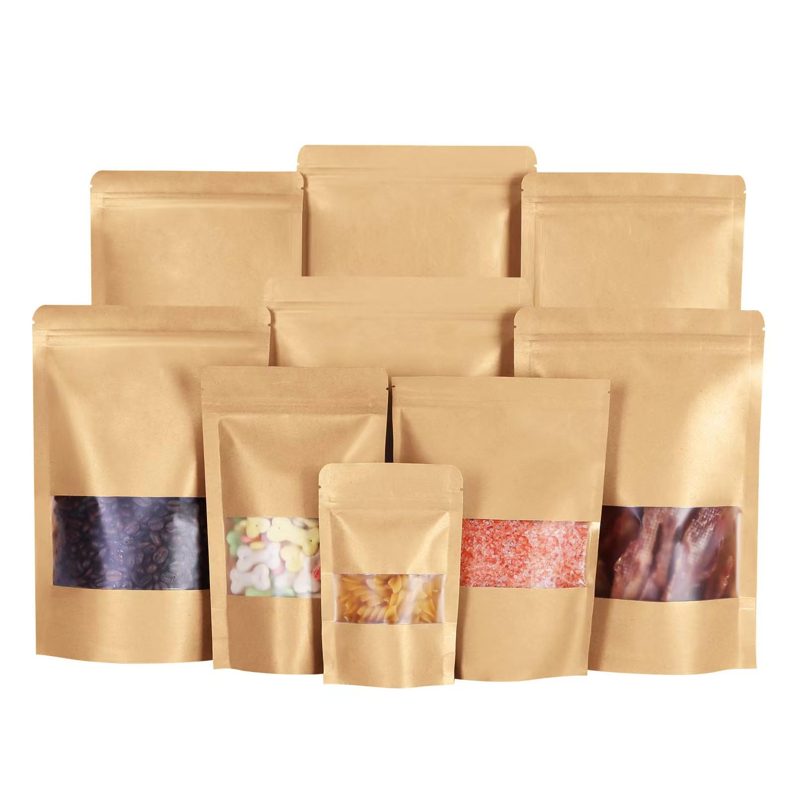 Photo 1 of 100 Packs Kraft Stand Up Paper Bags with Window(3.5" x 5.5") Resealable Bags for Small Business, Food, Sealable Treat Bags for Packaging,Snacks,Candy,Cornmeal,Coffee