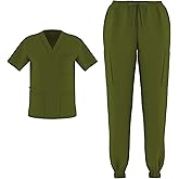 Zam Imports Unisex Men's Women's Joggers Scrubs Medical Nursing Stretch Flex V-Neck Jogger 2 Piece Scrub Set
