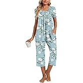 COFNEW Womens Summer Pajama Sets 2 Piece Short Sleeve Top and Capri Pants Plus Size Ladies Lounge Pjs Sets with Pockets