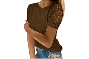 DOLKFU Women Lace Stitching Short Sleeve Shirt Tops Simple Solid Color Blouses Round Neck Regular Fit Fashion Shirts