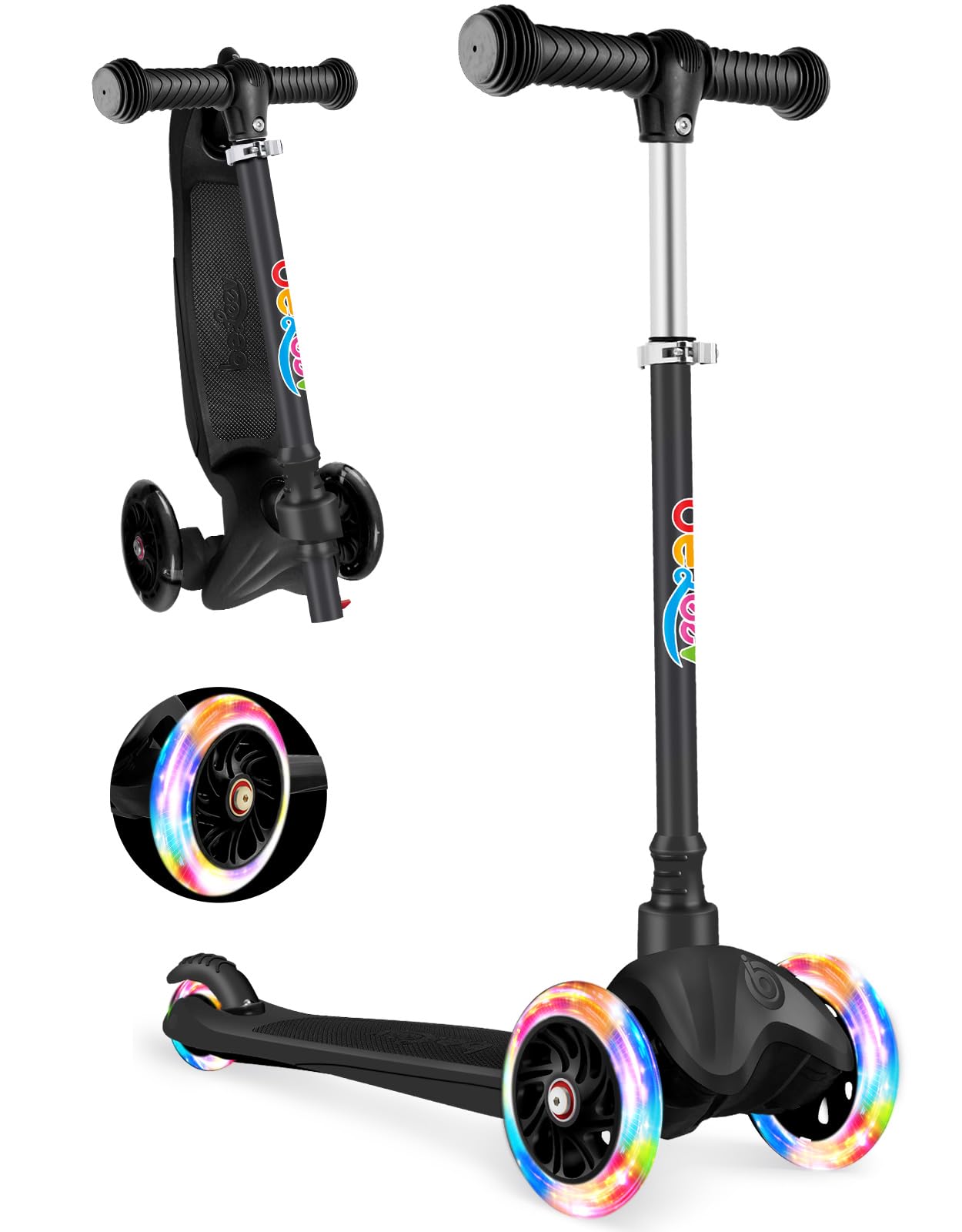 BELEEV 3-Wheel Scooter for Kids Age 2-6, Scooter for Toddlers Girls Boys Children, Adjustable Height, Lean to Steer, Light Up Wheels, Extra-Wide Deck(BLACK)