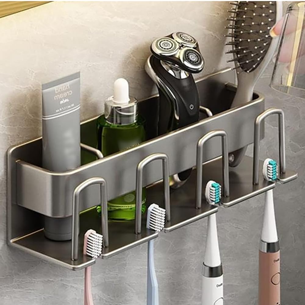 Melairy Toothbrush Holder Wall Mounted No Drilling Toothbrush Holders for Bathroom, Space Aluminum Bathroom Storage Rack with 4 Toothbrush Slots and 4 Hooks for Shower Bathroom or Kitchen-Gray