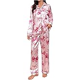 WDIRARA Women's 2 Piece Bowknot Print Satin Pajama Set Long Sleeve Button Down Lounge Pants Sleepwear Sets