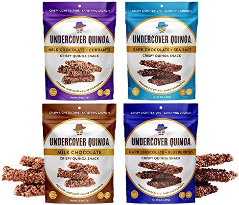Undercover Quinoa Mini-Case Sampler, Chocolate Crispy Quinoa Snack, Gluten-Free, 4 2 oz. Bags: 1 Milk Chocolate, 1 Dark Chocolate+Sea Salt, 1 Milk Chocolate+Currants, 1 Dark Chocolate+Blueberries