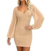 ZESICA Women's Sexy V Neck Ruched Bodycon Mini Dress Puff Long Sleeve Cocktail Wedding Party Short Dresses