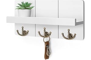 Rebee Vision Key Holder for Wall with Shelf: Elegant Farmhouse Mail Organizer with Decorative Floating Shelf and 3 Anchor Key Hooks for Wall - Retro Key Hangers for Entryway Decor (Rustic White)