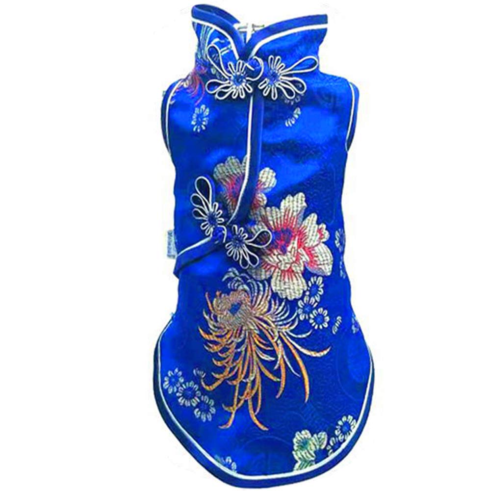 SEIS Pet Costume Tang Suit Dog Cheongsam Satin Clothes Chinese Style Clothing for Dogs Pet Skirt Puppy Cats Dress Dog Vest Tshirt (Blue, XS)