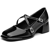 NEWBELLA Women's Retro Mary Janes - Patent Leather Chunky Heel Pumps with Cross Strap & Square Toe, Comfortable French Style Dress Shoes for Work & Daily Wear