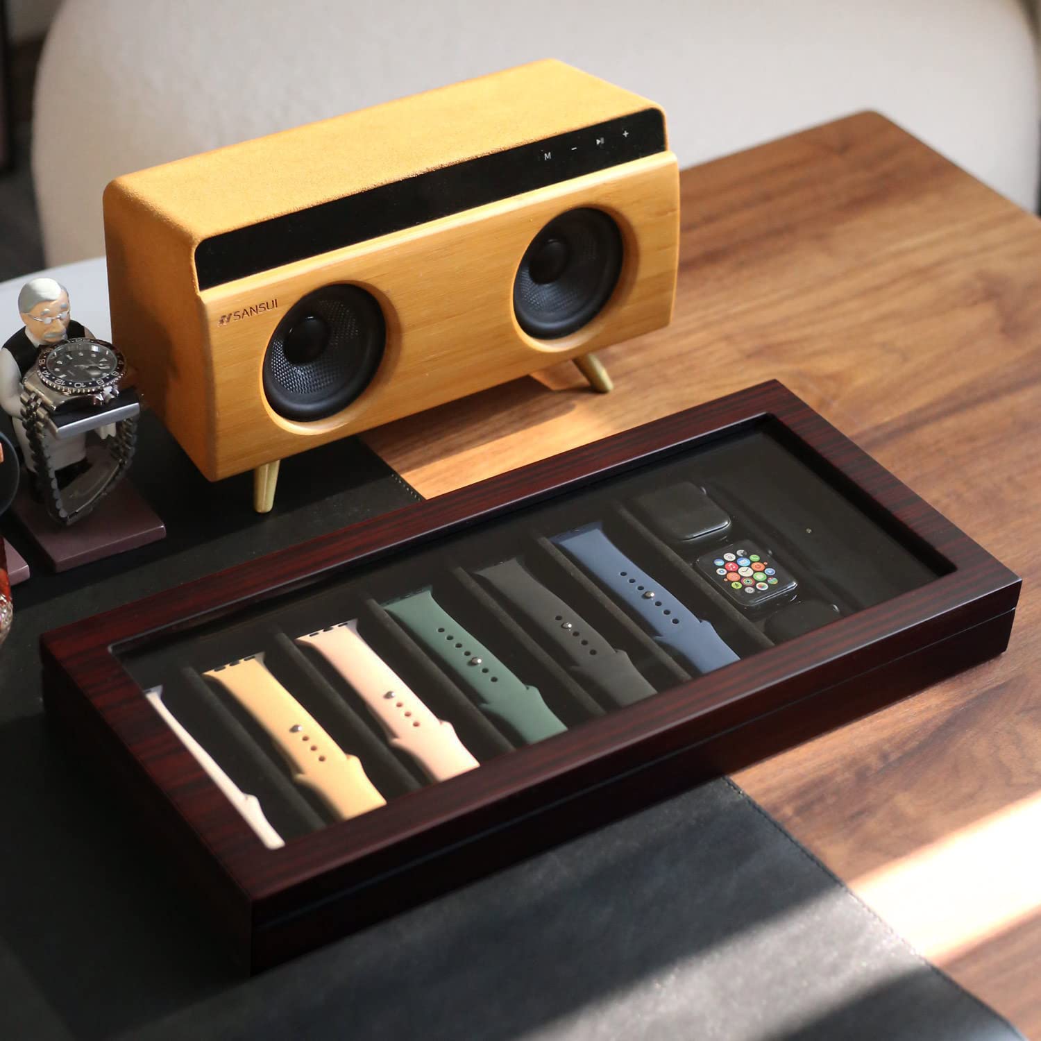 Besforu Watch Band Organizer - Holder Case for Men or Women, Wooden Storage Box Compatible with Apple Watch Bands and Accessories (Ebony Veneer, 8 Slot)