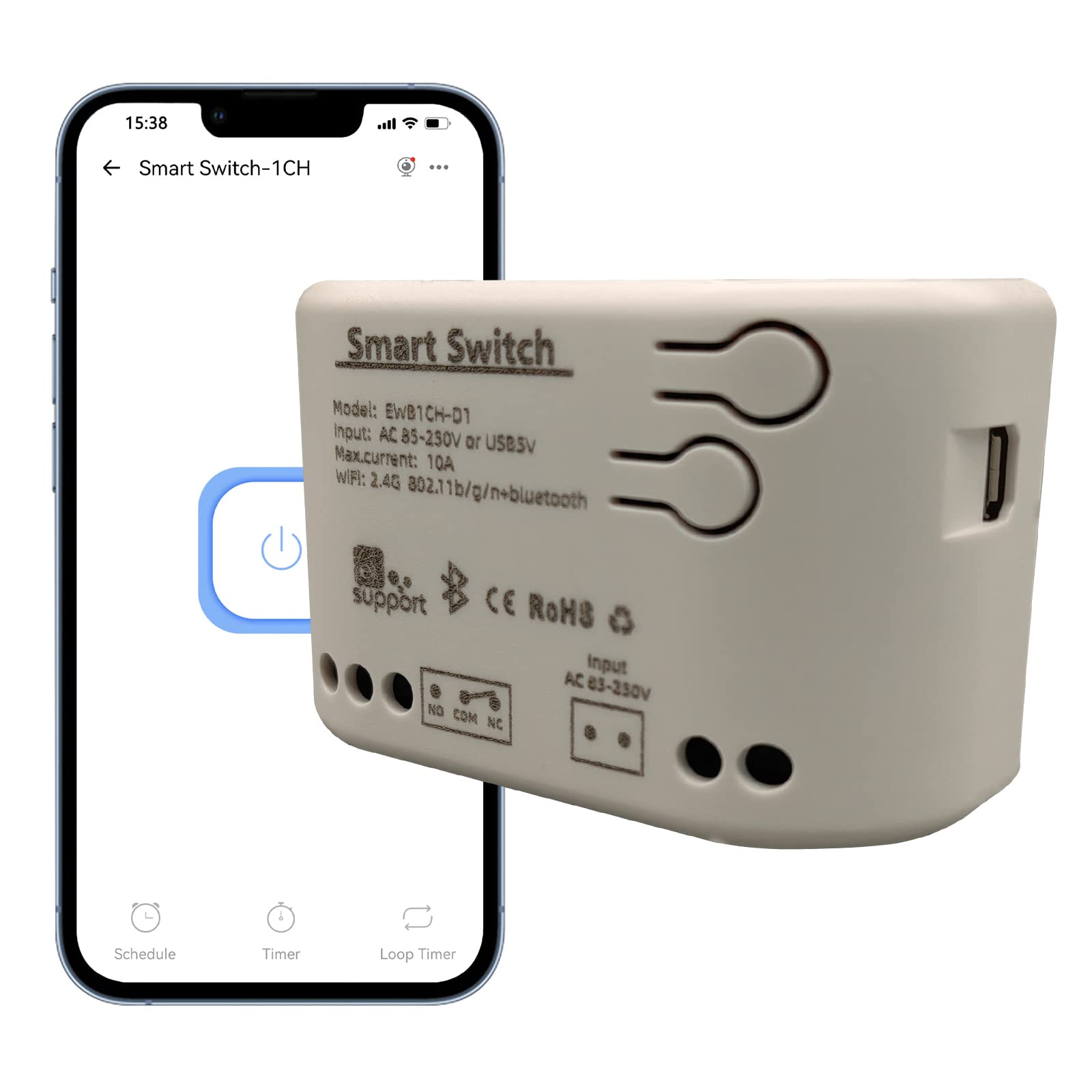 Jane Eyre 1 Channel WiFi Smart Jog Switch/Self-locking Relay USB 5V/AC85V-250V Input, eWeLink APP, Can be Controlled via Bluetooth, Compatible with Alexa Google Home