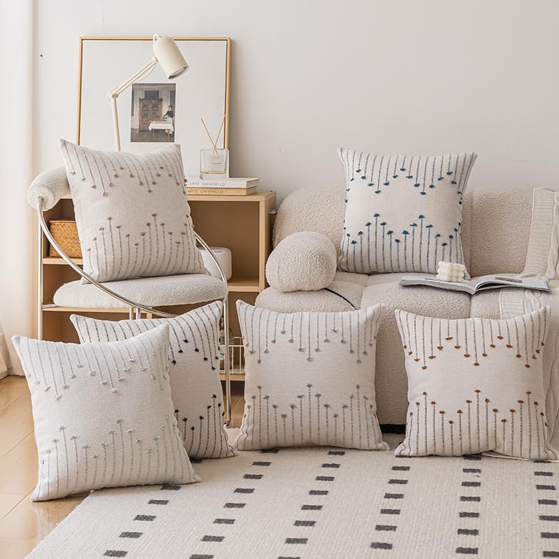 Cushion covers, Boho Throw Pillow Covers 45x45cm Set of 2, Decorative Pillows for Bed, Throw Pillows for Modern Farmhouse Couch Sofa Living Room Outdoor (Beige with Brown Line)