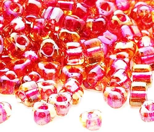 100 Miyuki Glass Triangle Seed Beads 5/0 Inside Color Two Tone Lined Beads - Amber Fuchsia Color