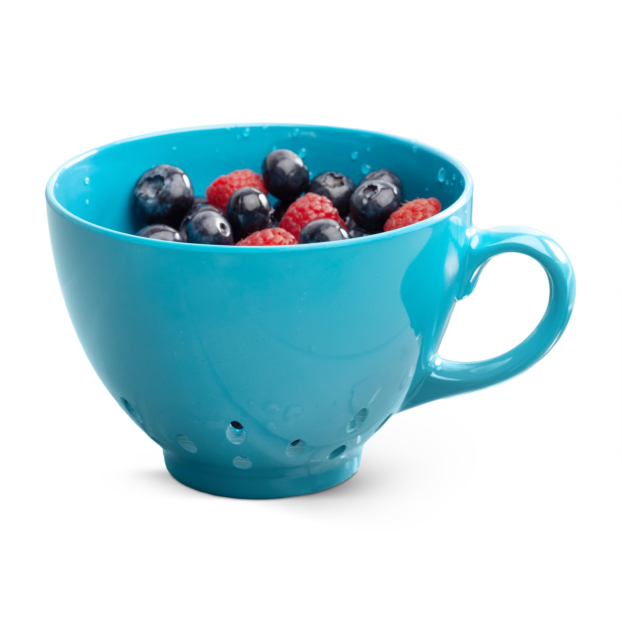Zeal Berry Colander Cup, Small Hand-held Cup Shape Melamine Strainer/Sieve, for Washing & Draining Fruits, and Berries (10cm) - Aqua Blue