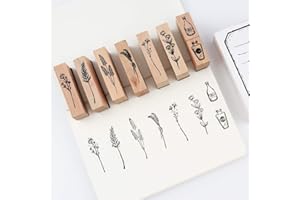 Dizdkizd 8 Pieces Vintage Wooden Rubber Stamps, Plant & Flower Decorative Mounted Rubber Stamp Set for DIY Craft, Letters Diary and Craft Scrapbooking
