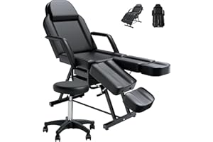 Facial Chair Tattoo Chair for Client, Facial Bed Esthetician Adjustable Massage Table with Headrest & 360° Rolling Stool, Split Legs Design, Lash Bed for Salon Spa Barber Massage Equipment, Bold Black