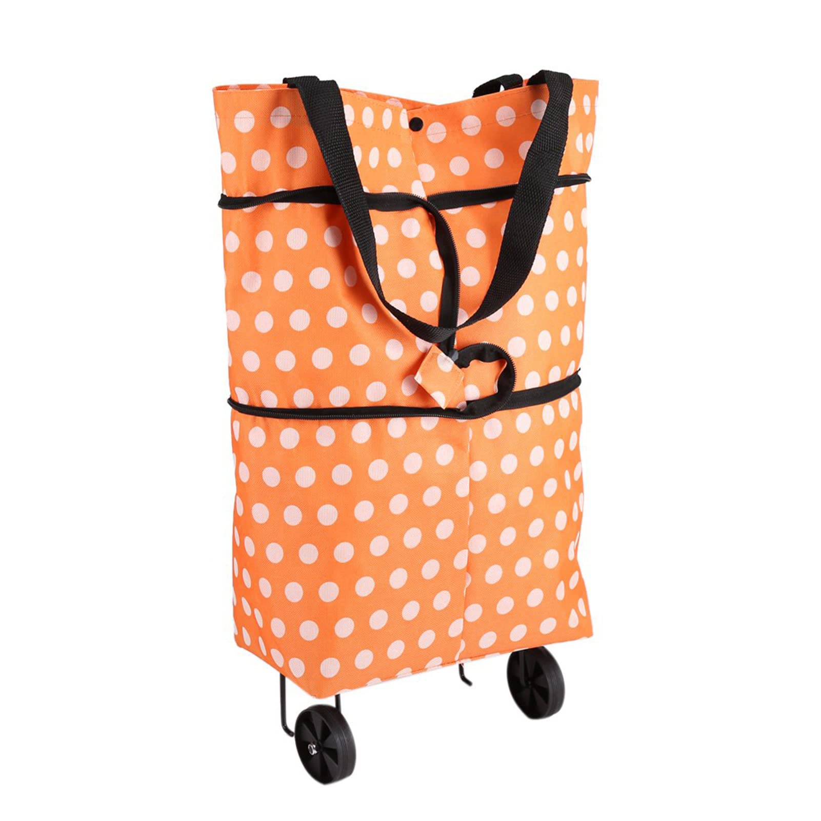 Rolling Shopping Bag with Wheels Foldable Oxford Cloth Orange Lightweight Hard Wearing Dual-Purpose Tote Shoulder Trolleys(Orange)