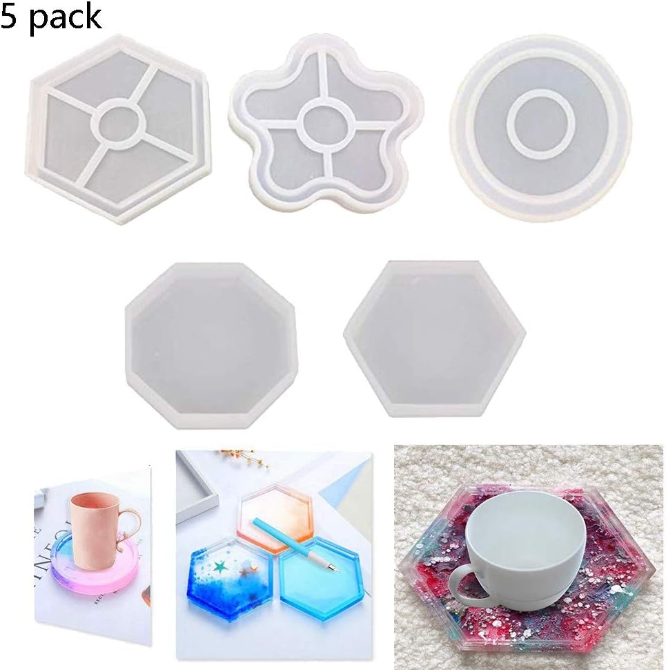 5 Pack DIY Coaster Silicone Mold Resin Coaster Molds Silicone with 5 Different Shapes for DIY Coaster Craft Making,Concrete,Cement