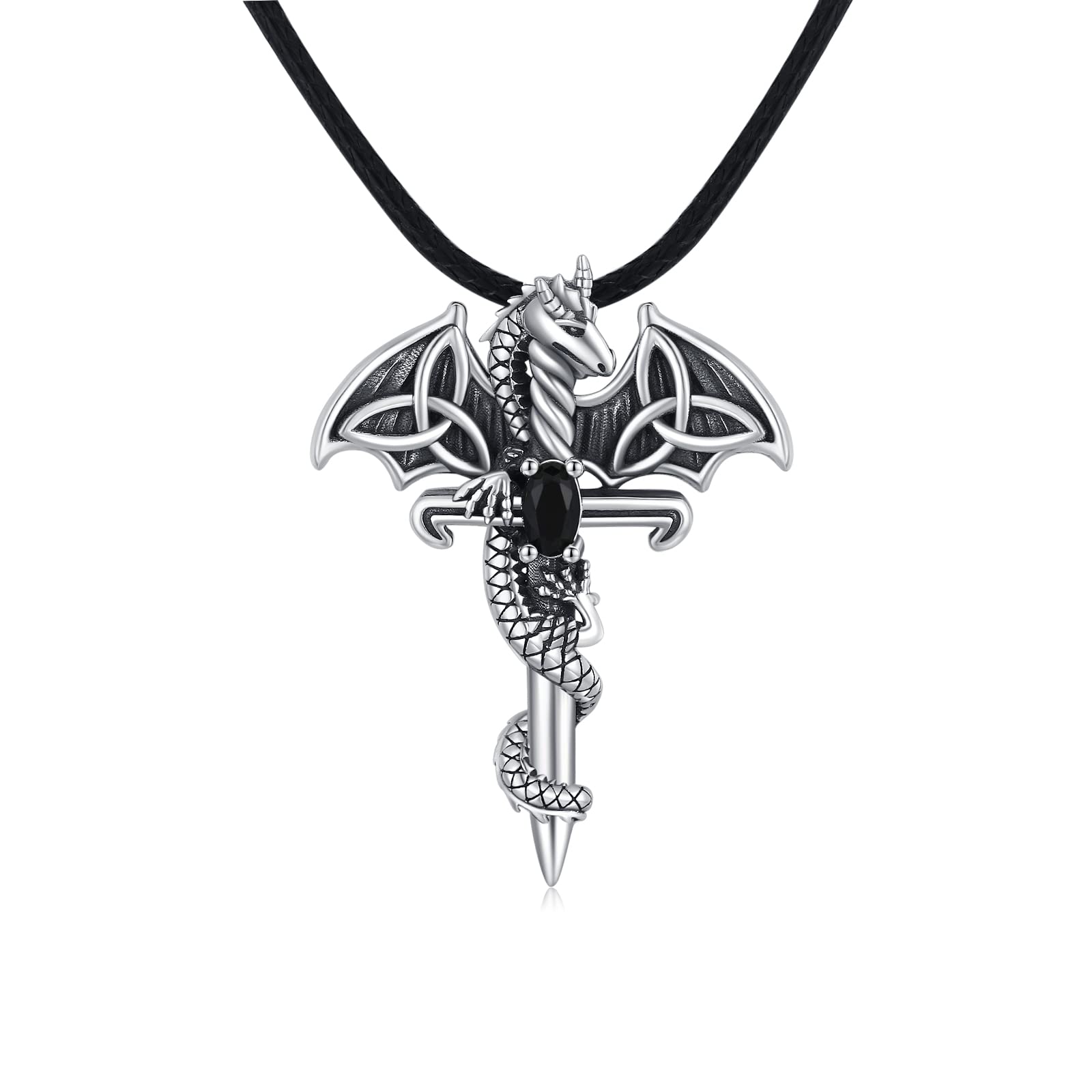 TRISHULA Dragon Necklace S925 Sterling Silver Dragon Pendant Celtic Knot Sword Necklace Dragon Jewelry for Men