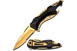 MTECH USA Folding Knife, 3.75-Inch Half-Serrated Blade, Titanium Coating, Glass Breaker, Pocket Clip