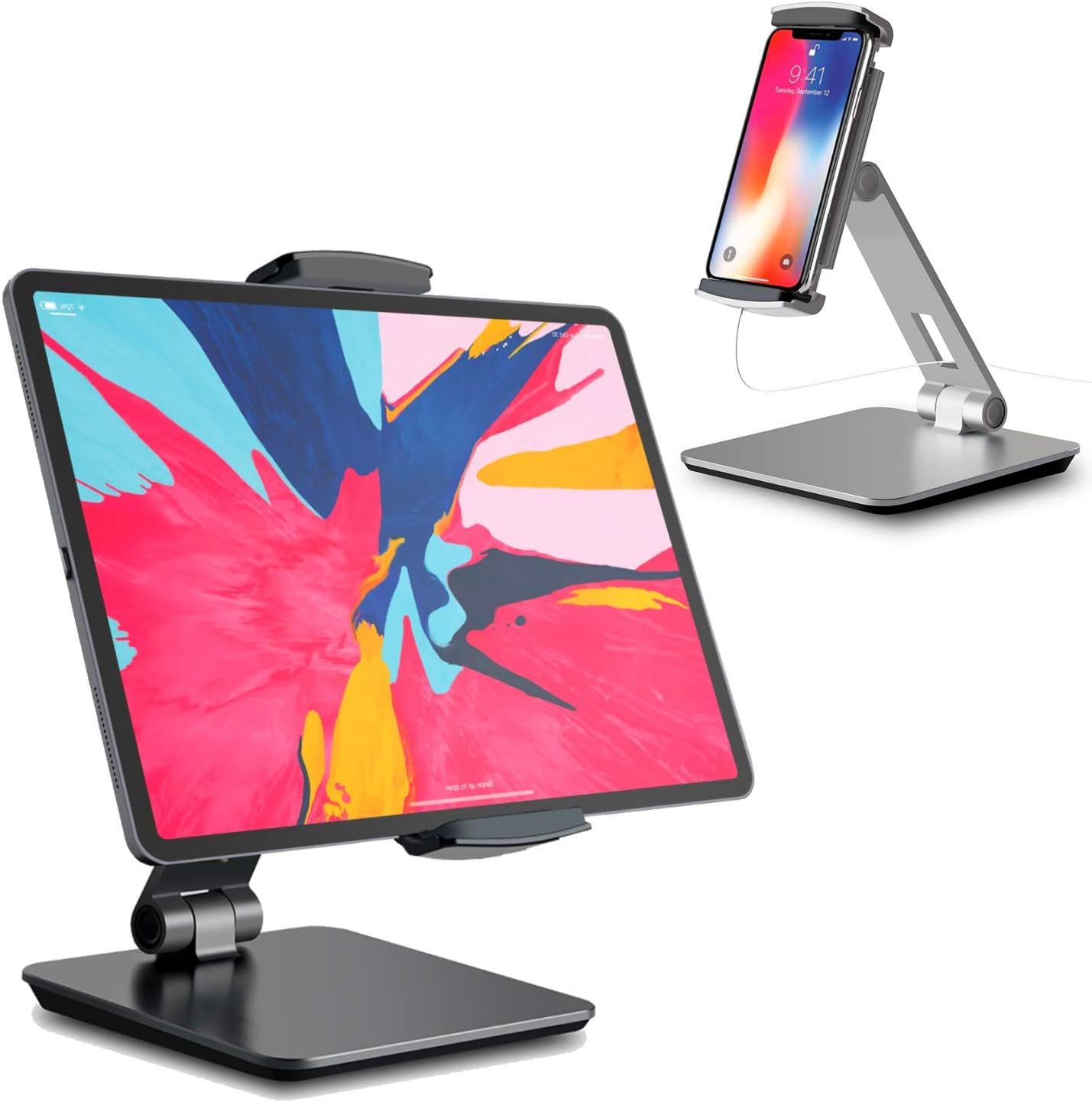 Tablet Smart-Phone Stand, 360° Swivel Adjustable Holder, Aluminum Mount, Compatible with Any 4-14” Apple iPhone iPad Samsung Surface Pro X and More